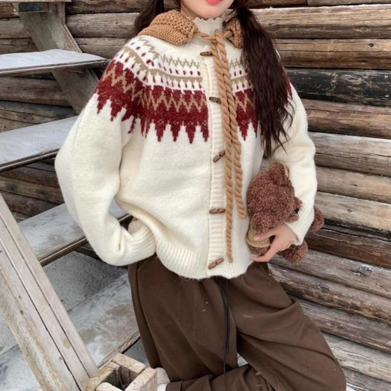 Cow horn buckle lazy style sweater cardigan jacket for women
