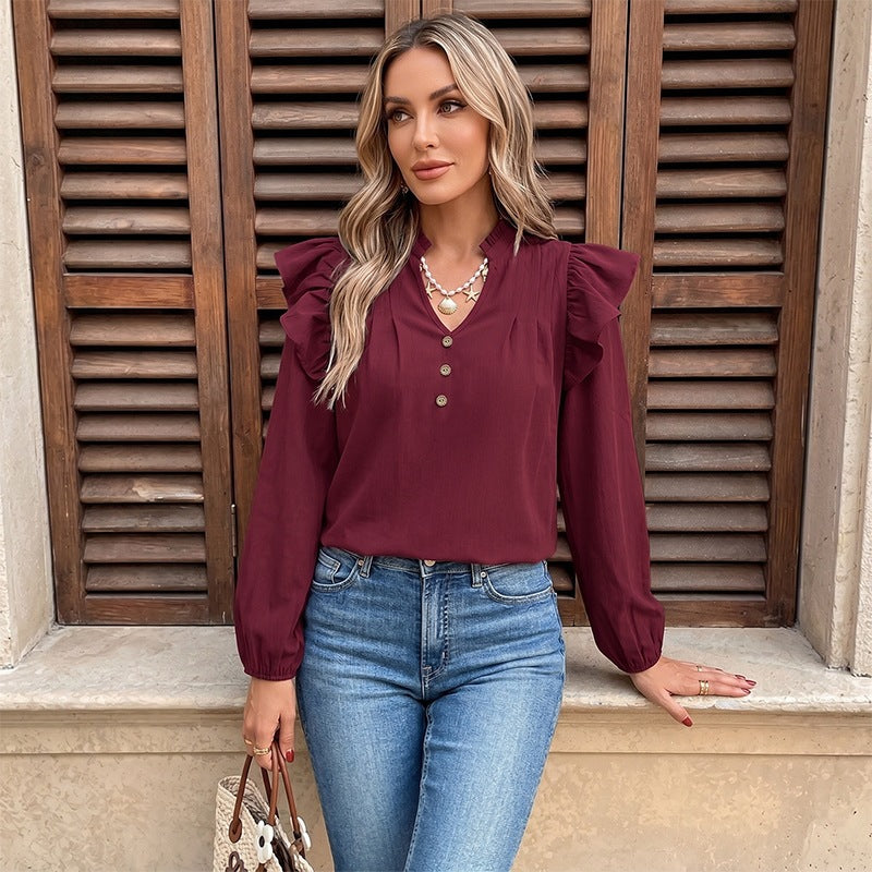 Ruffled Long Sleeve V-Neck Blouse