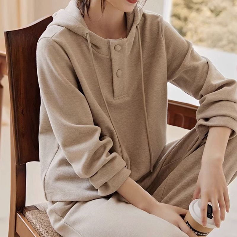 Muted Tone Women's Lazy Style Two-Piece Set Fashion Hooded Lightweight Sweatshirt Outfit