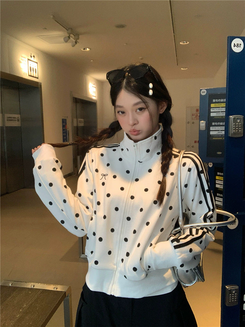Women's Style Polka Dot Long Sleeve Zipper Sweatshirt Jacket
