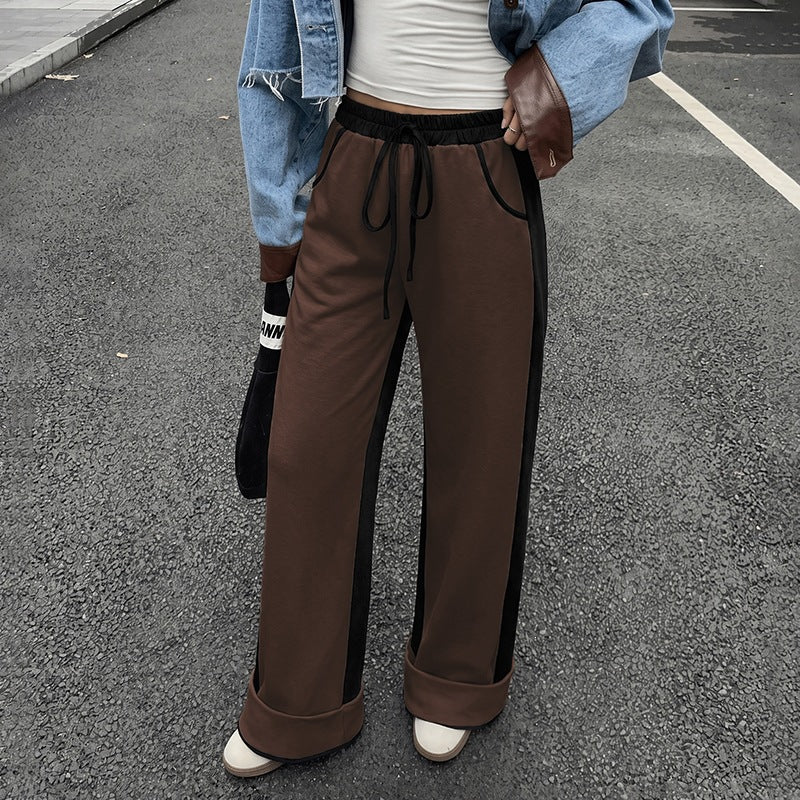 Color Block Spliced Thickened High Waist Cuffed Sweatpants for Women