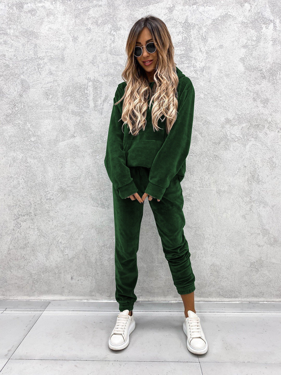 Women's Set Solid Color Hooded Sweatshirt and Sports Long Pants  Two-Piece Set