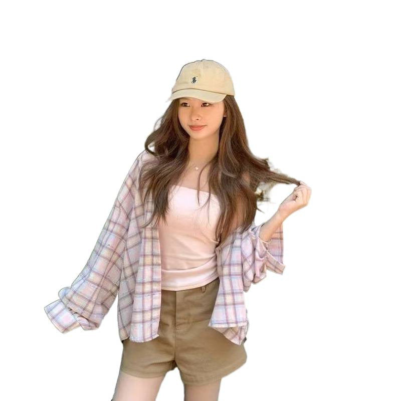Sweet Pink Plaid Loose Casual Shirt for Women