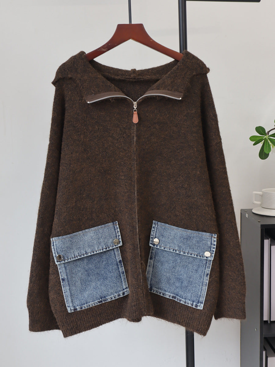Hooded zipper loose cardigan sweater for women