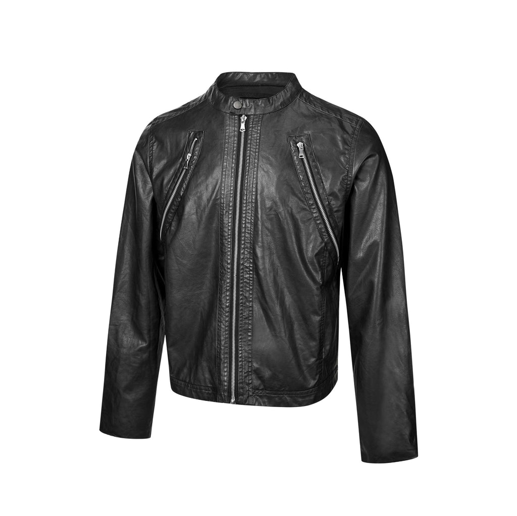 Double-Zipper Slim Fit PU Leather Short Biker Jacket for Men
