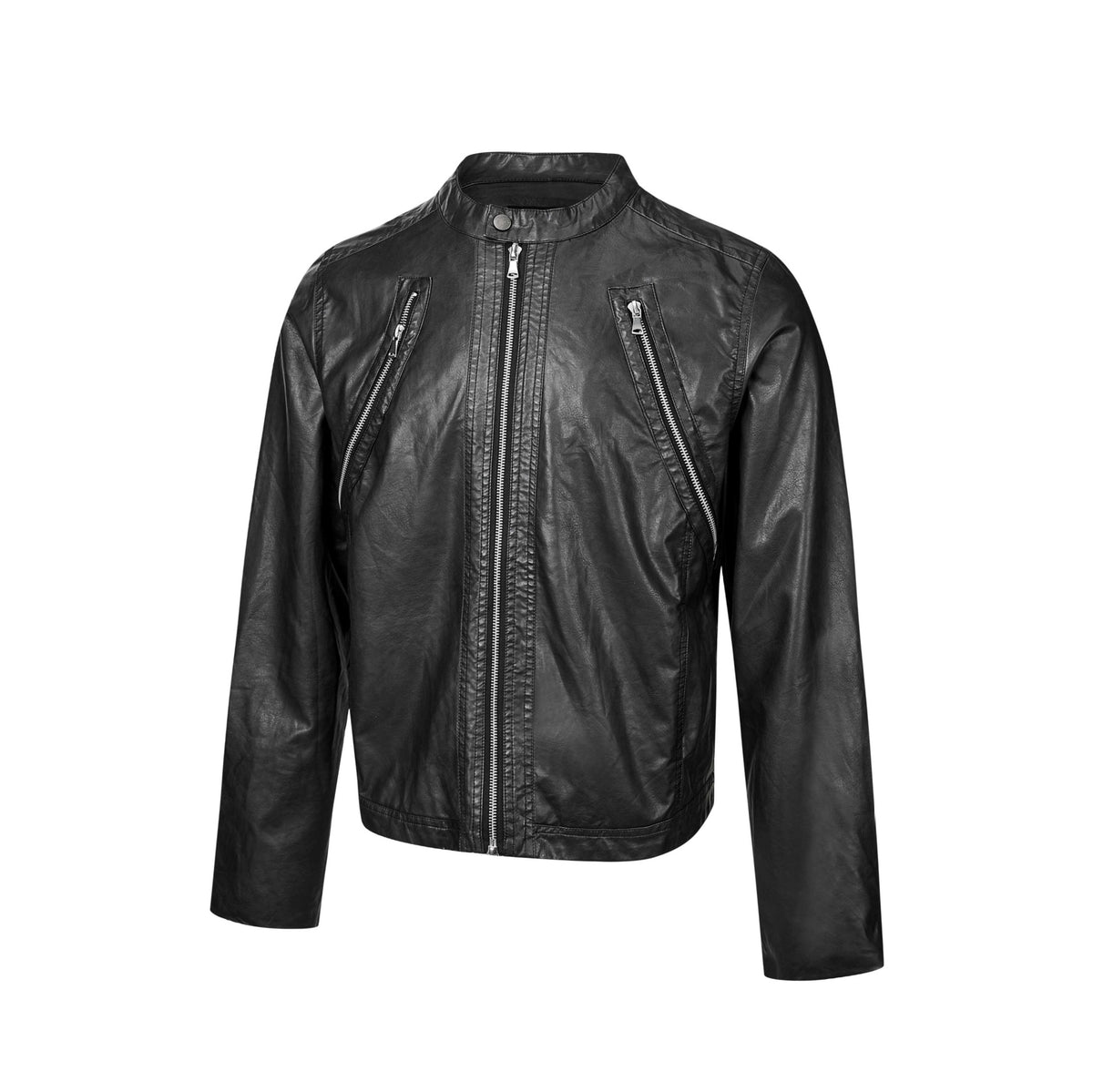 Double-Zipper Slim Fit PU Leather Short Biker Jacket for Men