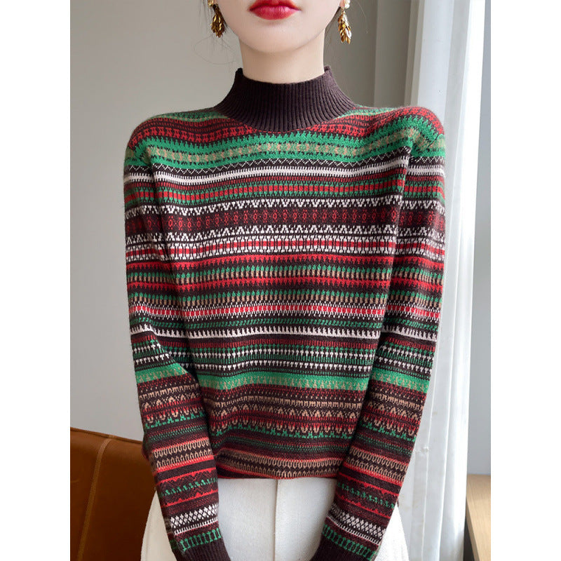 High Neck Retro Jacquard Sweater Women Top Pullover Colorful Knitwear