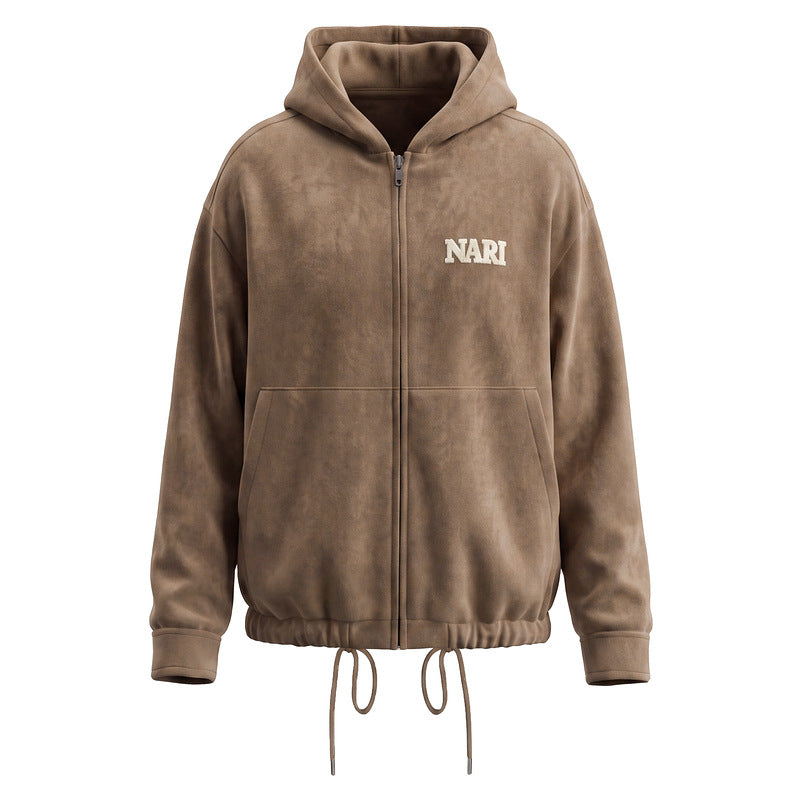 Coffee suede hooded cardigan jacket for women