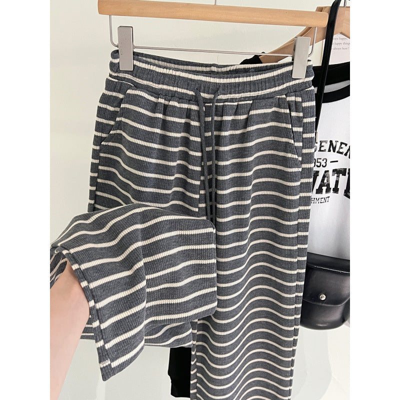 Women's Casual Color-Block Stripe High Waist Wide Leg Straight Pants