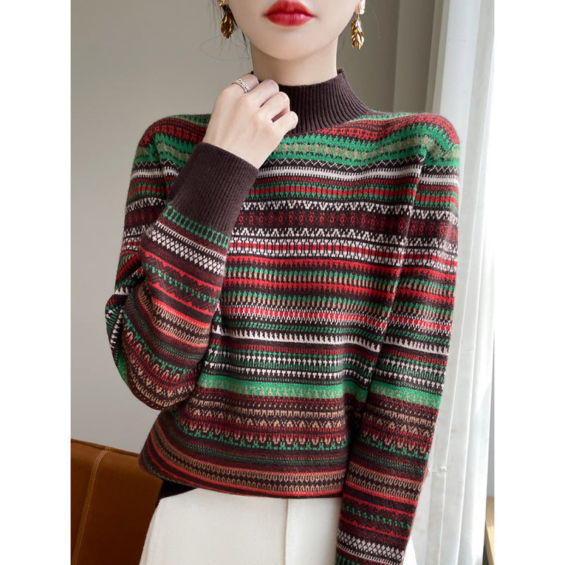 High Neck Retro Jacquard Sweater Women Top Pullover Colorful Knitwear